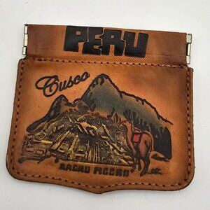 Cusco PERU Handmade Leather Squeeze Coin Pouch - Machu Picchu Llama - Vintage